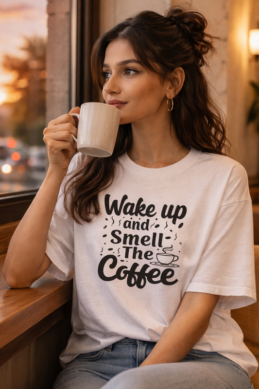 ☕ Wake Up and Smell the Coffee – Graphic Unisex Oversized T-Shirt