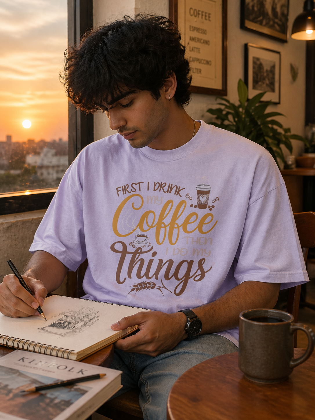 ☕ First I Drink My Coffee – Graphic Unisex Oversized T-Shirt