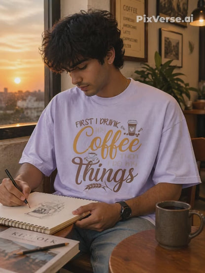 ☕ First I Drink My Coffee – Graphic Unisex Oversized T-Shirt
