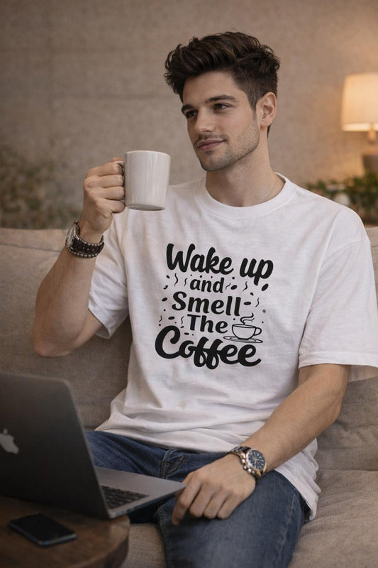 ☕ Wake Up and Smell the Coffee – Graphic Unisex Oversized T-Shirt
